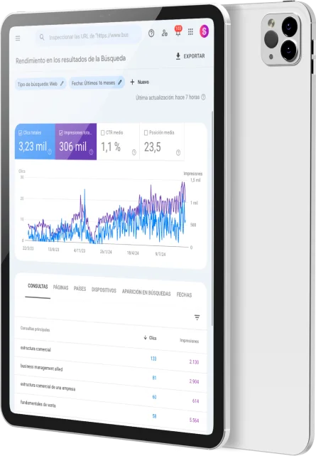 Tableta mostrando gráficos y datos de rendimiento web