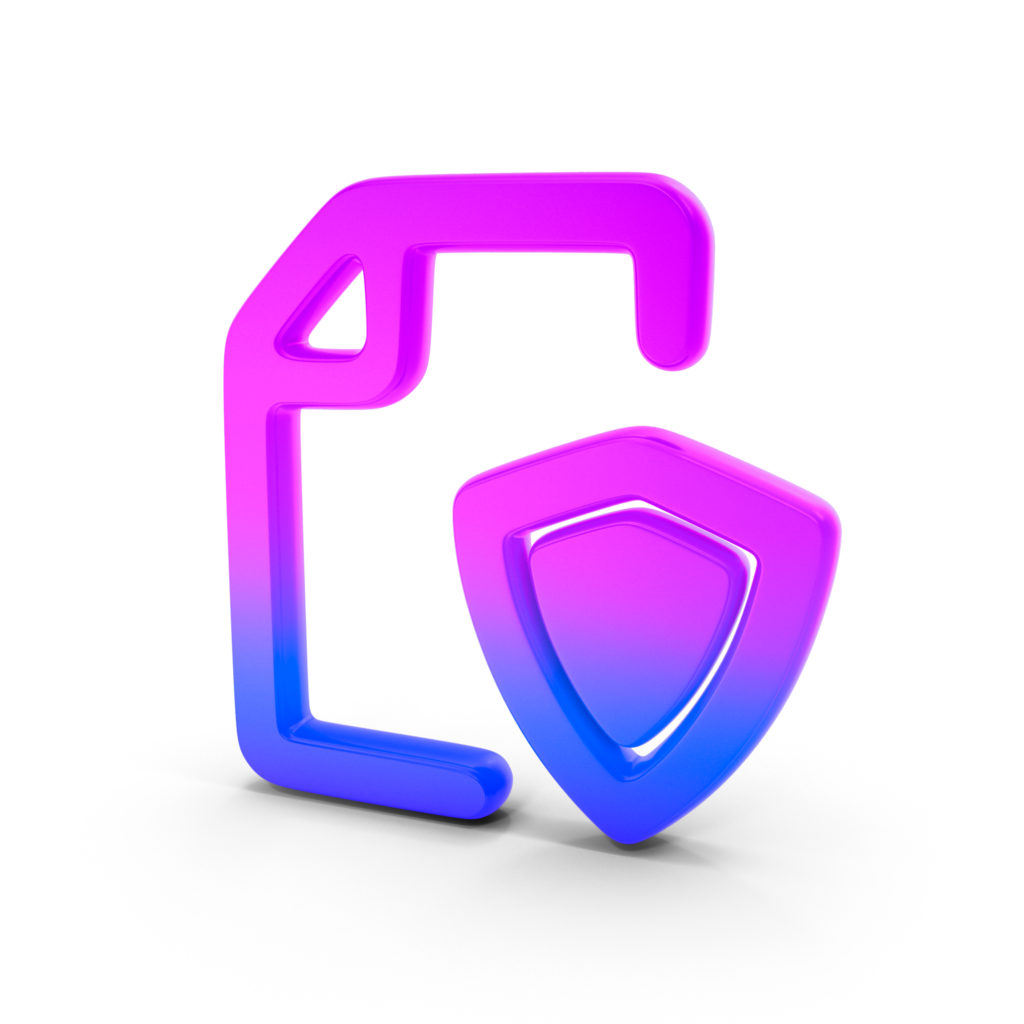 Ícono de archivo junto a un escudo en tonos degradados de púrpura y azul