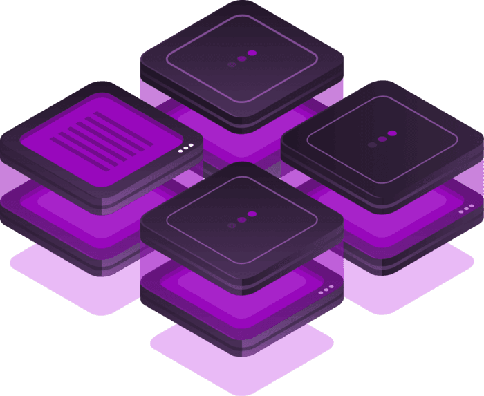Ilustración isométrica de bloques tecnológicos en tonos púrpura