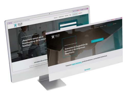 Diseño de página web - Mockup de pantallas de sitio web de Valor Humano Latam con diseño corporativo sobre fondo morado.