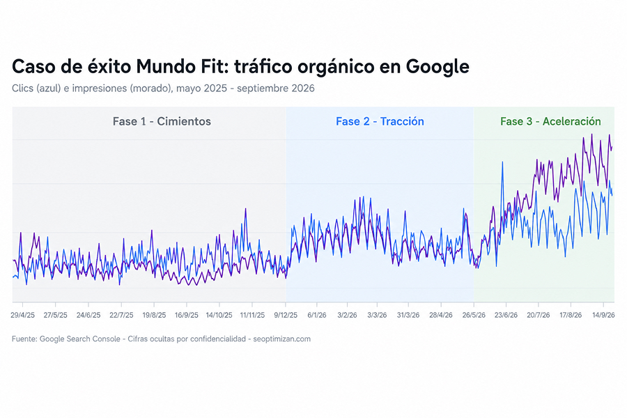 Caso de éxito Mundo Fit tráfico orgánico en Google Search Console por fases