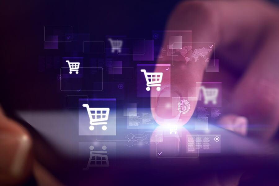 Caso de éxito Mundo Fit - Online shopping interface with digital shopping cart icons and fingerprint technology.