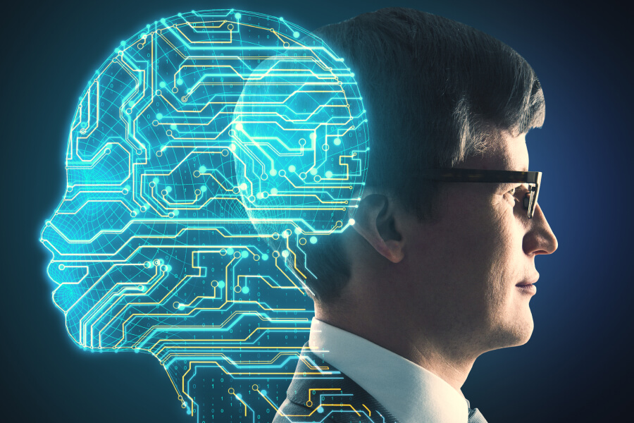 Dependencia de la IA - Hombre frente a una representación digital de inteligencia artificial.