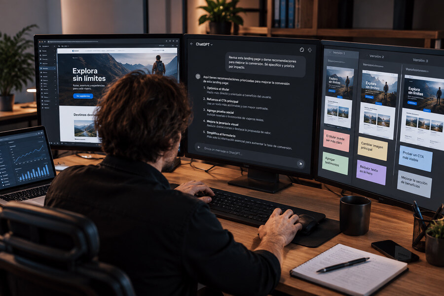 Dependencia de la IA - Especialista revisando una landing page con ChatGPT y varias versiones del diseño en múltiples monitores.
