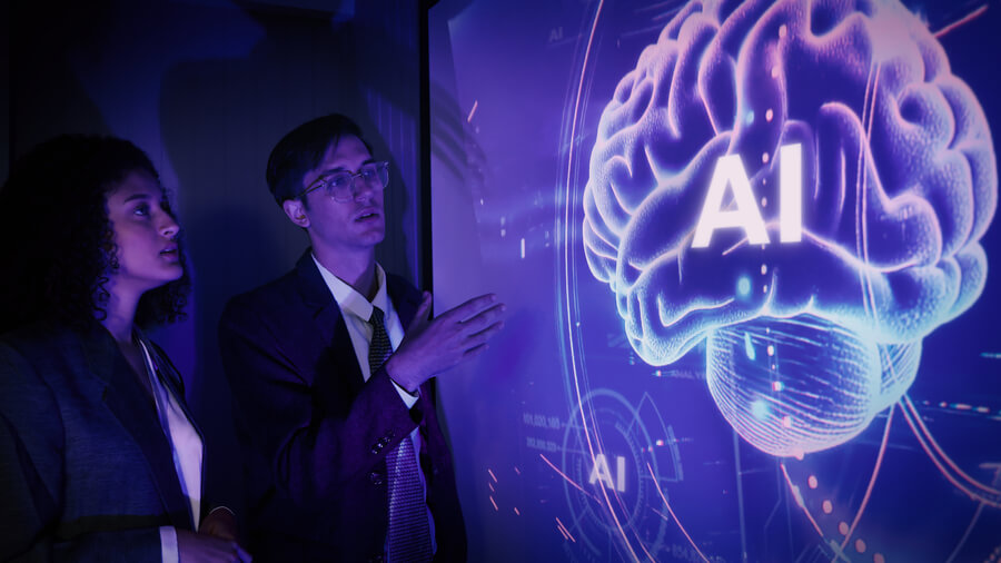 Dependencia de la IA - Profesionales analizando una representación digital de inteligencia artificial.
