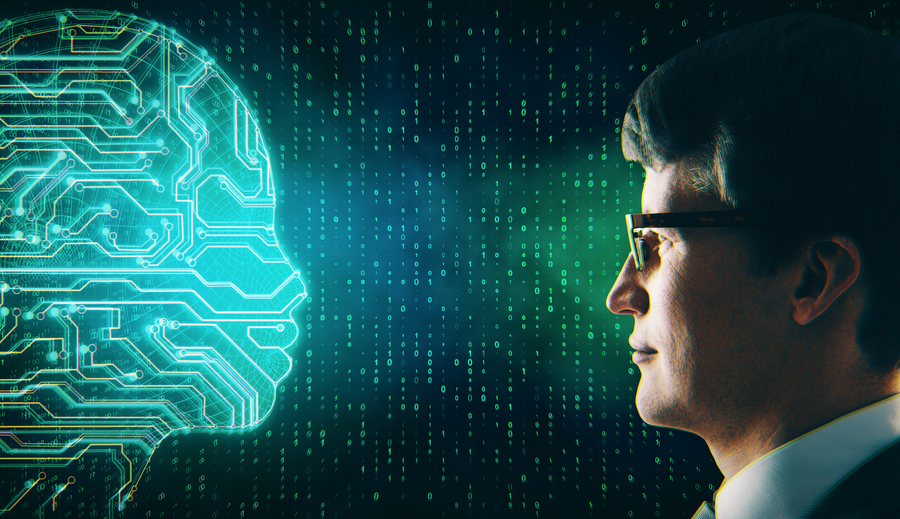 Dependencia de la IA - Hombre frente a una representación digital de inteligencia artificial.